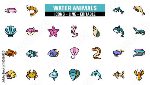 Set of 25 line icons water animals. Editable stroke. Vector illustration