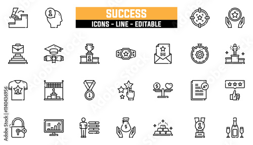 Set of 25 line icons success. Editable stroke. Vector illustration