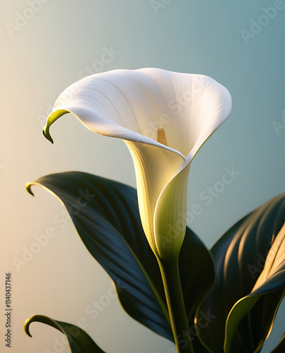 Beautiful Calla Lilies in the morning, bathed in soft sunlight. The elegant white petals and vibrant green leaves create a serene and aesthetic scene. Created With Generative AI. photo