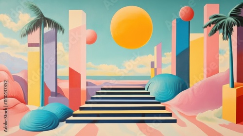 Surreal abstract scene with vibrant pillars, stairs, and a glowing sun