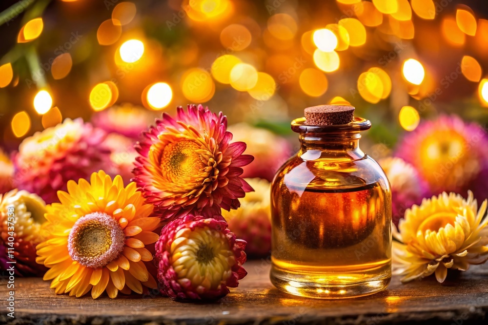 Helichrysum Flower Background Aromatherapy Massage Oil Bottle - Bokeh Effect Helichrysum Flower Background Aromatherapy Massage Oil Bottle - Bokeh Effect
