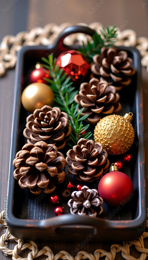 Pinecones and Baubles on a Rustic Tray - A warm earthy composition. background copyspace Pinecones and Baubles on a Rustic Tray - A warm earthy composition. background copyspace