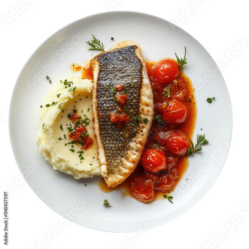 Plate of Fish with Mashed Potatoes and Tomato Sauce Isolated on a transparent Background photo