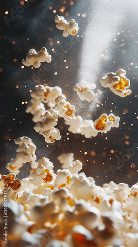 Freshly popped popcorn flying out of a machine