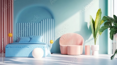 Modern bedroom interior with pastel blue and pink tones