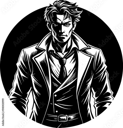 Dramatic black and white illustration of a serious man with intense expression, wearing a collared shirt in retro comics style