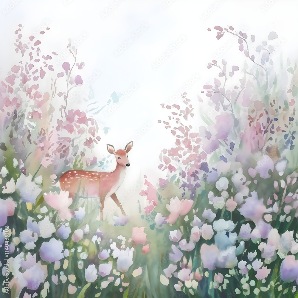 Obraz premium tranquil watercolor of a lush garden with a deer amidst pastel-colored flowers in shades with deer