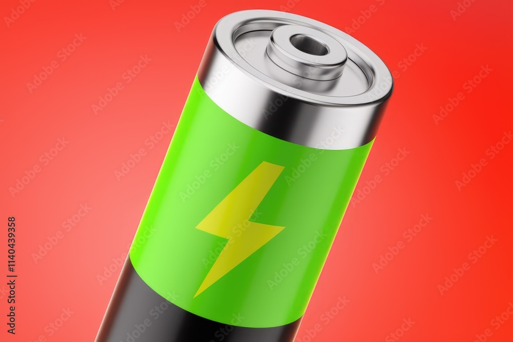 A cylindrical battery with a green energy indicator signifying a high charge level. A cylindrical battery with a green energy indicator signifying a high charge level.