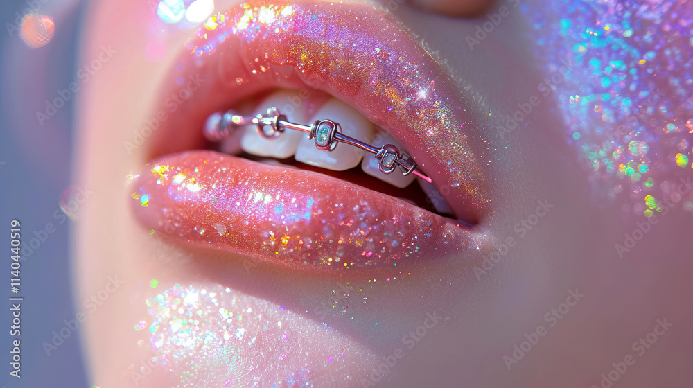 Fototapeta premium Close Up of Glittery Lips with Colorful Braces and Pink Sparkles