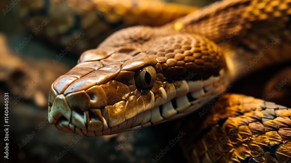 Close up of a golden brown snake with intricate scales and piercing eyes Close up of a golden brown snake with intricate scales and piercing eyes