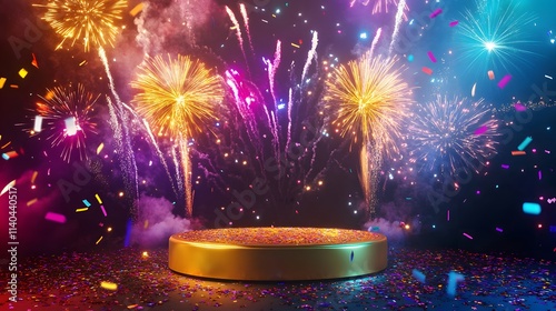 A golden podium set on a stage, surrounded by colorful fireworks, twinkling lights, and confetti, creating an exciting New Year is Eve atmosphere