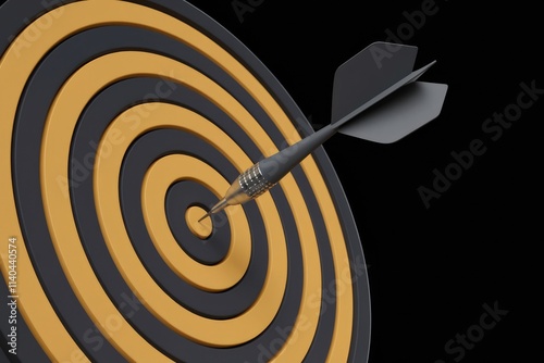 A dart hits the bullseye of a circular dartboard  symbolizing success and achieving goals. photo