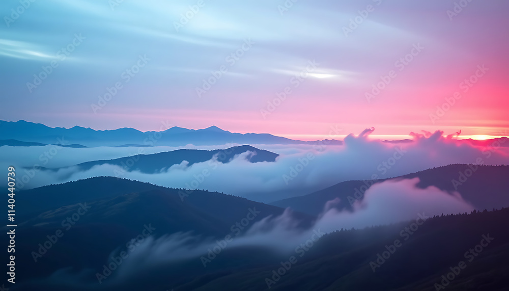 Obraz premium Chromatic Fog Horizons - Glowing fog blending into layered horizons. background copyspace