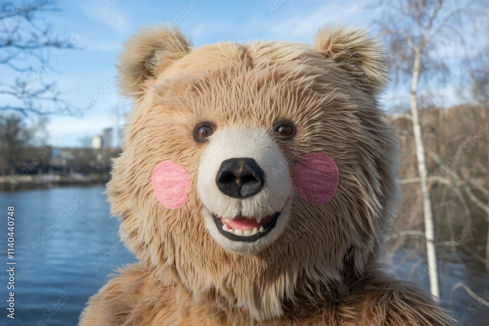 A friendly brown bear teddy plush with pink cheeks smiles near a lake on a sunny day. A friendly brown bear teddy plush with pink cheeks smiles near a lake on a sunny day.