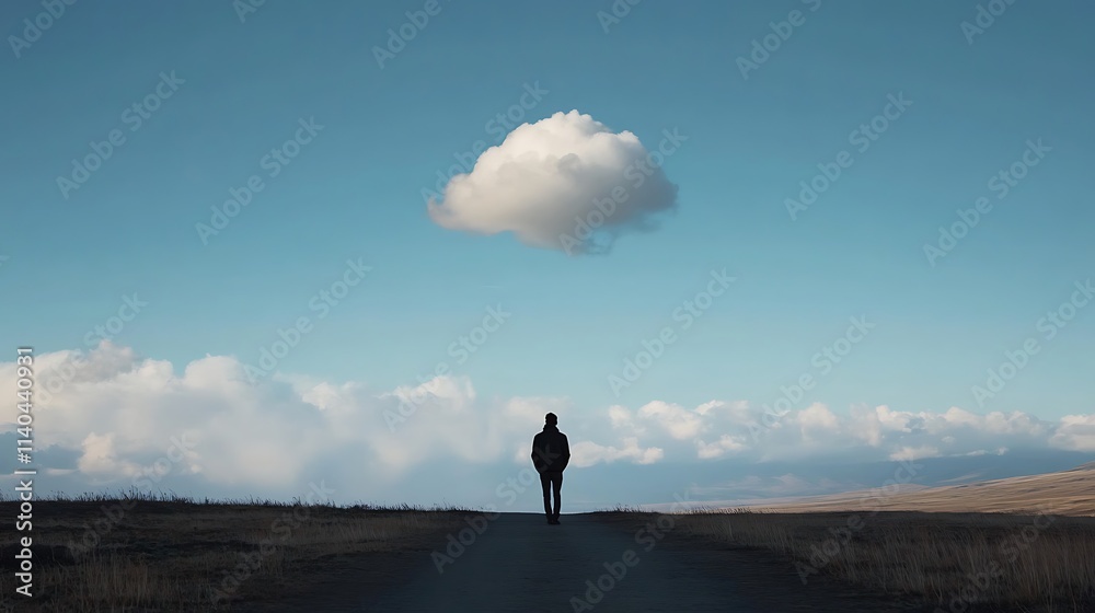 Person walks slowly under a lone cloud wide shot photo. AI Generated Person walks slowly under a lone cloud wide shot photo. AI Generated