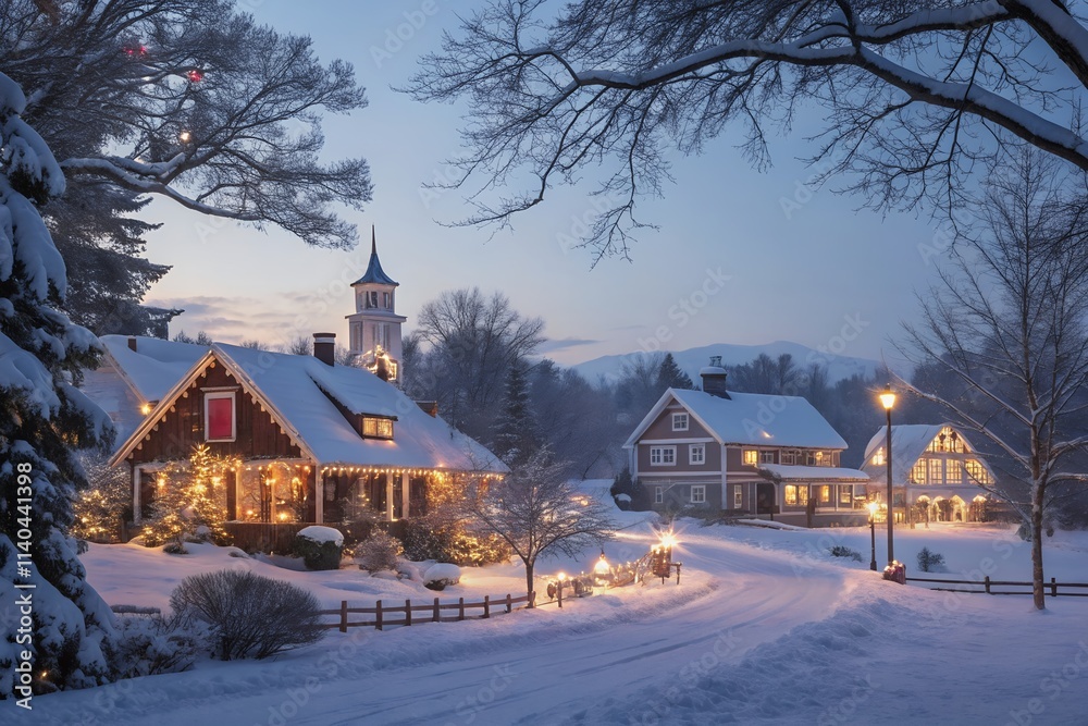 church in the snow garlands into a forest with snowy flakes with shape of stars close to xmas gifts in red boxes church in the snow garlands into a forest with snowy flakes with shape of stars close to xmas gifts in red boxes