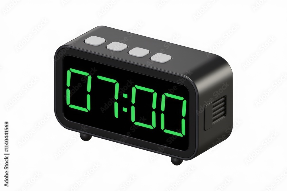 A sleek  black digital alarm clock displays 7 00 with bright green LED digits.