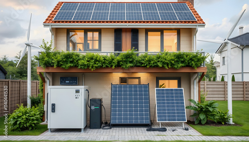 Home virtual battery energy storage with house photovoltaic solar panels plant, wind and rechargeable li-ion electricity backup, with white tones