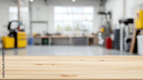 Wallpaper Mural wooden countertop with a blurry garage background and tools Torontodigital.ca