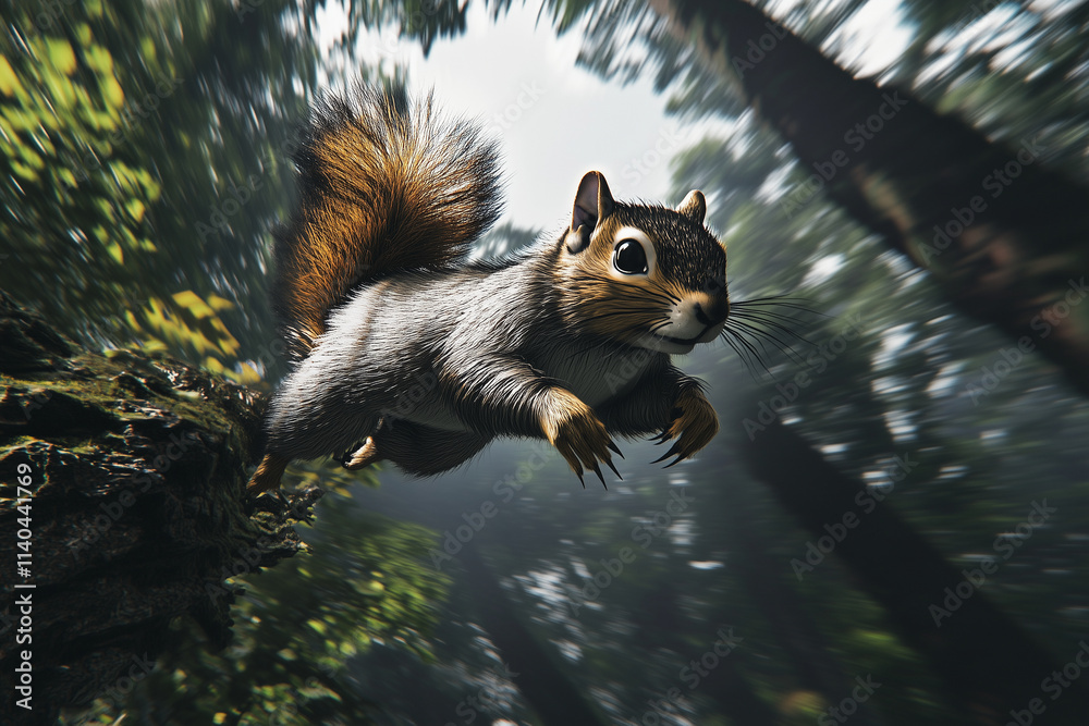 Obraz premium A squirrel mid-stride on a curved branch in a tropical forest