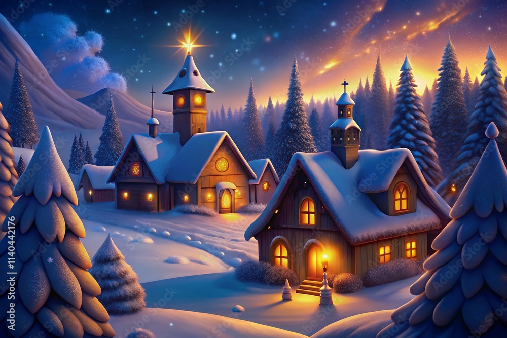 Fototapeta premium christmas house in the forest garlands into a forest with snowy flakes with shape of stars close to xmas gifts in red boxes