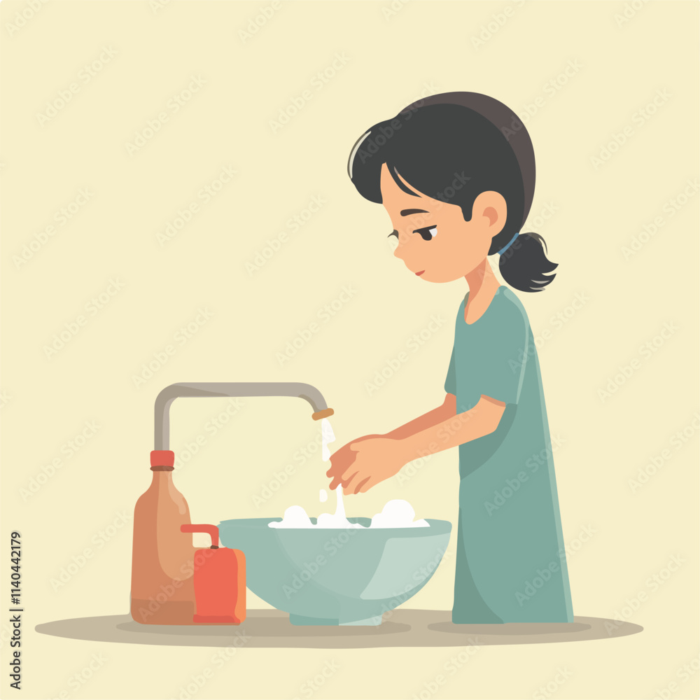 Girl washing illustration vector design, Girl Washing her Hand in basin vector design Girl washing illustration vector design, Girl Washing her Hand in basin vector design