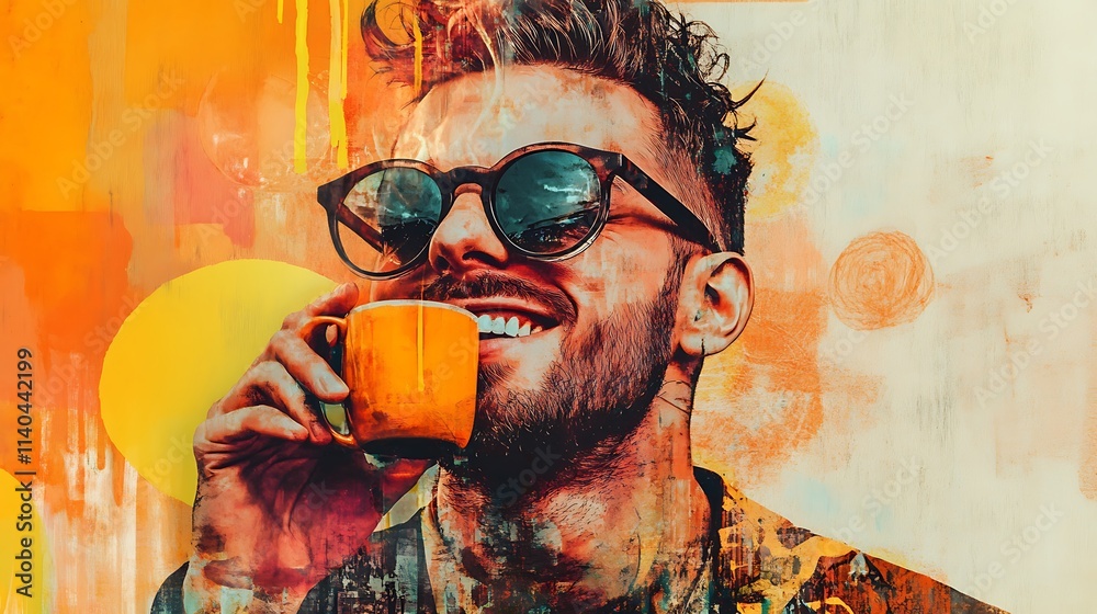 Smiling man vividly drinks closeup photo abstract background.. AI Generated Smiling man vividly drinks closeup photo abstract background.. AI Generated