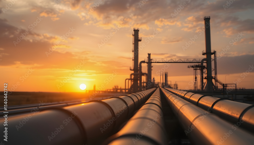 steel long pipes in crude oil factory during sunset, blurry foreground, with white tones steel long pipes in crude oil factory during sunset, blurry foreground, with white tones