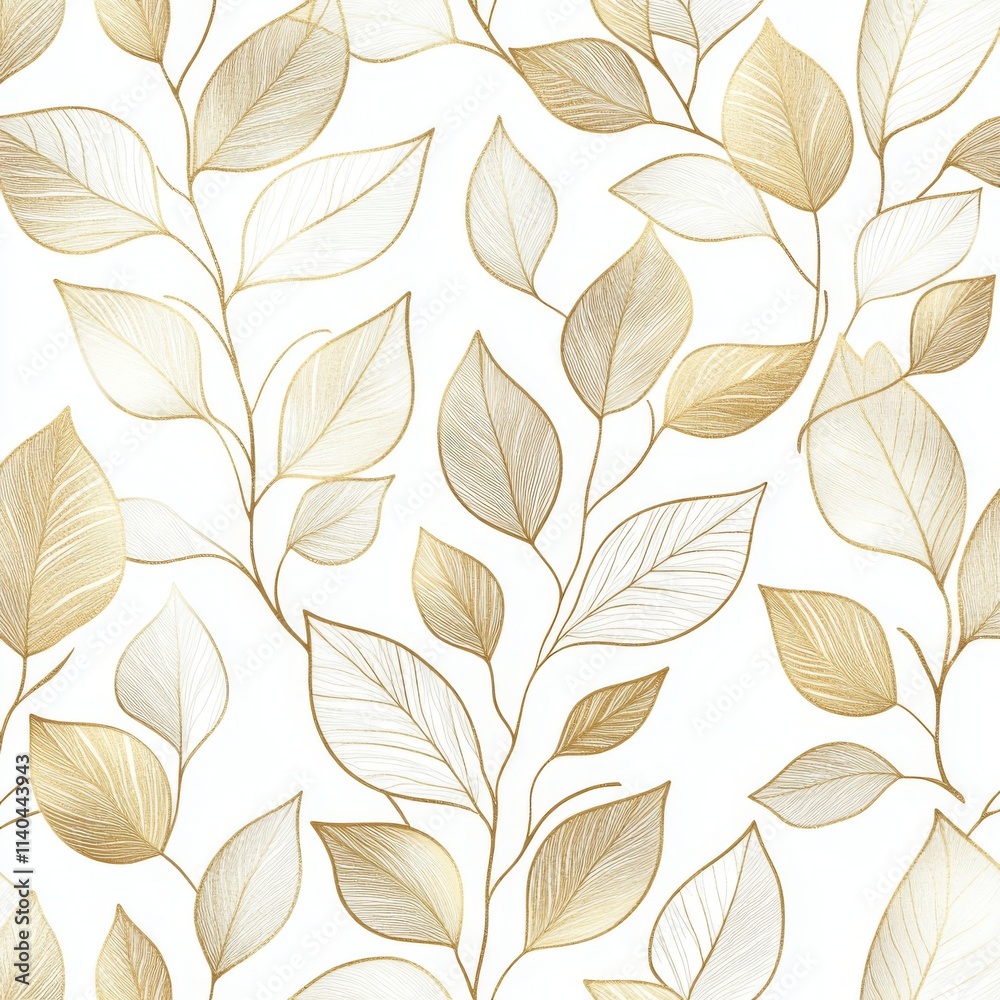 Elegant gold-line leaf-pattern wallpaper on white, seamless and simple aesthetic design Elegant gold-line leaf-pattern wallpaper on white, seamless and simple aesthetic design