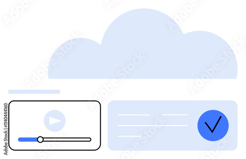 Cloud background, media player with play button and progress bar, blue checkmark inside a circle with text lines. Ideal for cloud services, media storage, online security, video hosting, digital