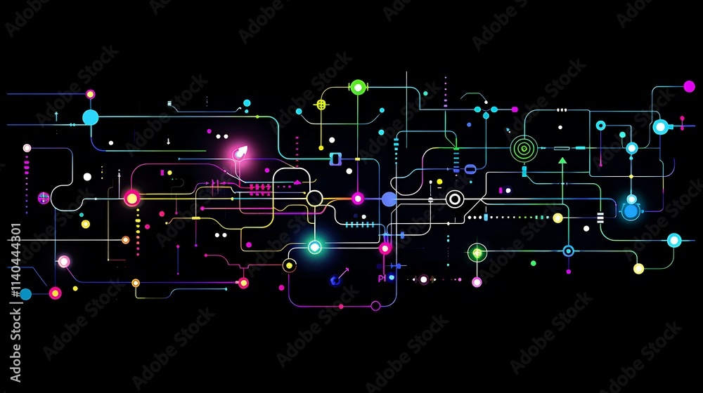 Fototapeta premium Minimalistic 2D illustration of an electronic circuit board with interconnected glowing nodes in a vibrant neon palette of blue, green, and purple, set against a sleek black backdrop