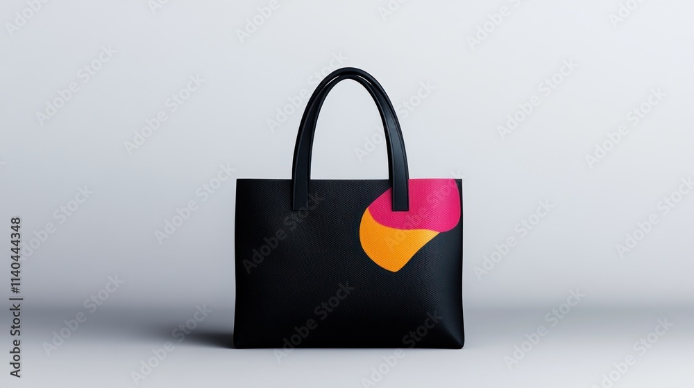 A stylish black handbag with a colorful abstract design. A stylish black handbag with a colorful abstract design.