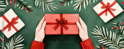A beautiful scene of hands holding a red gift box amidst festive decorations, symbolizing joy and celebration during holidays.