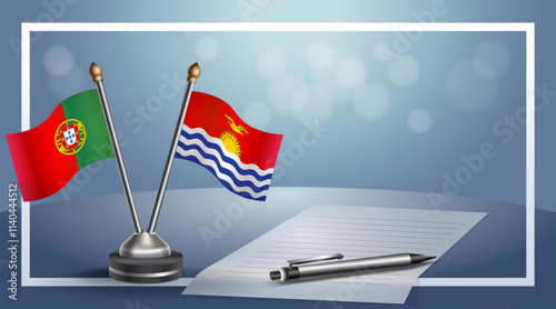 Portugal and Kiribati National flags on small table with bokeh background, cooperative relationship