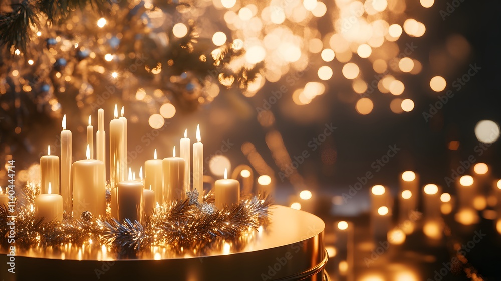 A podium with sparkling gold and silver streamers, surrounded by glowing candles and festive lights, set in front of a dazzling New Year is Eve fireworks display A podium with sparkling gold and silver streamers, surrounded by glowing candles and festive lights, set in front of a dazzling New Year is Eve fireworks display
