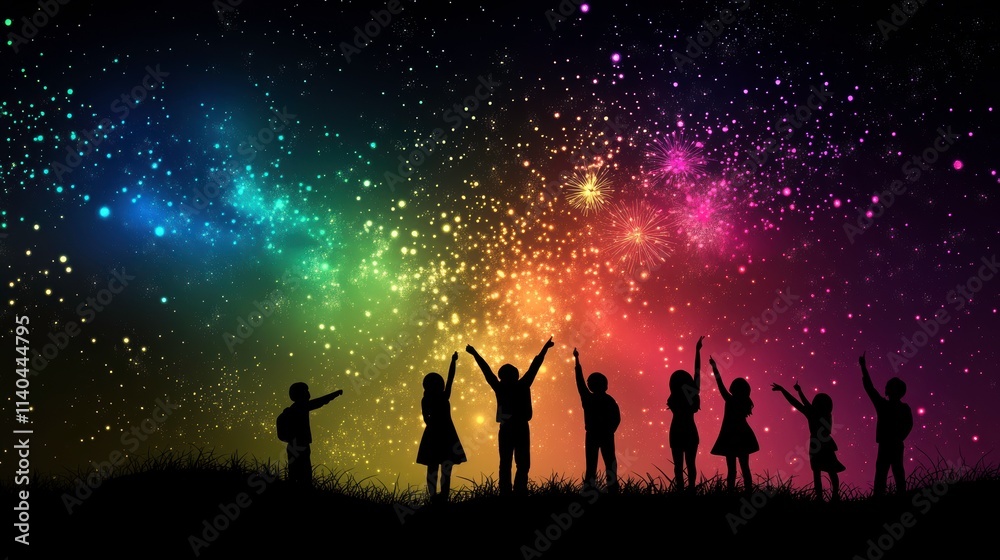 Rainbow Galaxy Dream: Silhouettes of children reaching for a vibrant, rainbow-hued galaxy, a captivating image representing dreams, wonder, and the boundless possibilities of the universe. Rainbow Galaxy Dream: Silhouettes of children reaching for a vibrant, rainbow-hued galaxy, a captivating image representing dreams, wonder, and the boundless possibilities of the universe.