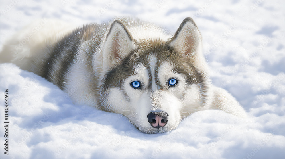 Siberian Husky with striking blue eyes lying gracefully in the snow Siberian Husky with striking blue eyes lying gracefully in the snow
