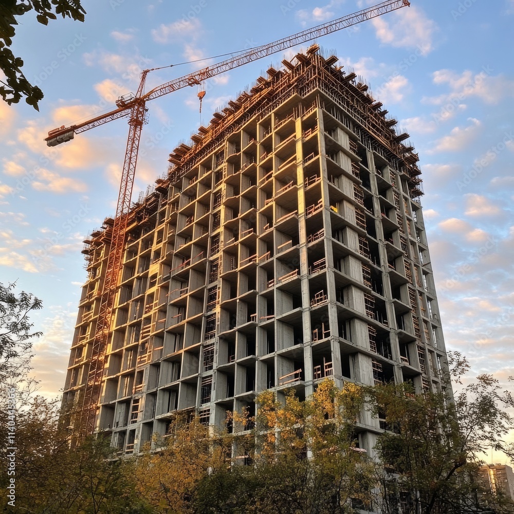 Fototapeta premium Crane by skyscraper at dusk