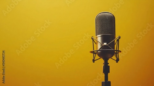 A vintage microphone with a sturdy stand on a bold yellow background, creating a striking visual for recording or podcasting.