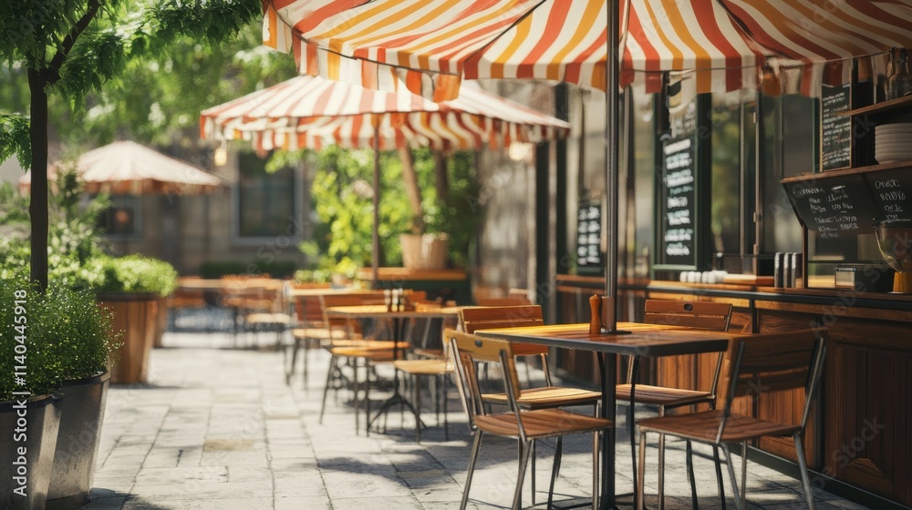 Fototapeta premium Cozy Outdoor Café Scene with Colorful Umbrellas and Seating