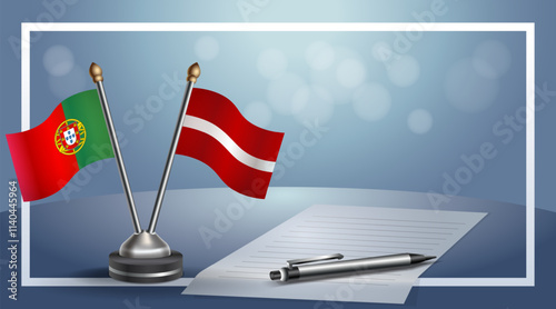 Portugal and Latvia National flags on small table with bokeh background, cooperative relationship