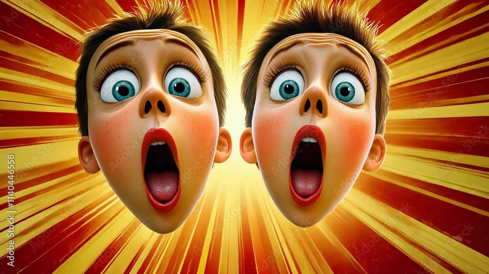 Excited cartoon characters with wide eyes and open mouths burst forth against a vibrant background