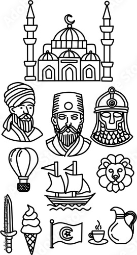 Set of Turkiye travel country vector icon. The elements of the Turkish state consist of the sultan, Ottoman soldiers, sailing ships, Hagia Sophia mosque, hot air balloons, tea, ice cream, clerics photo