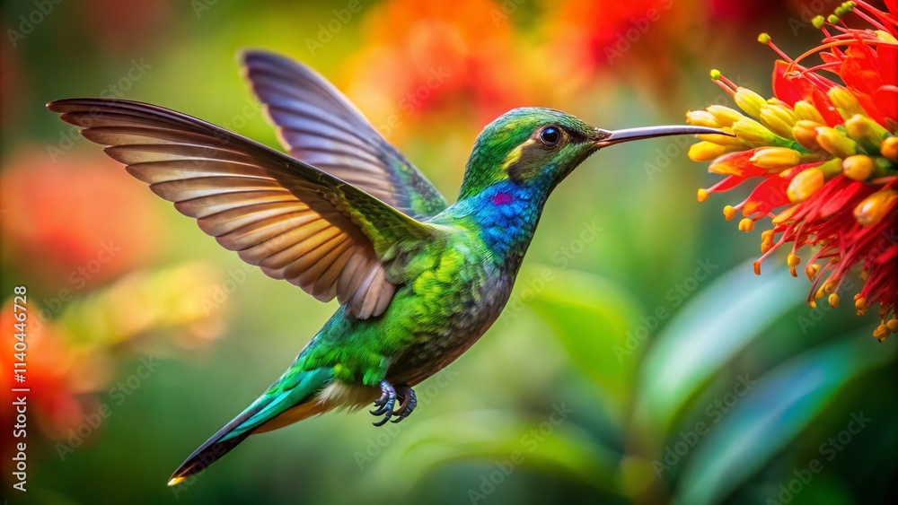 Fototapeta premium Hummingbird Flower Tropical Logo Macro Photography: Vibrant Bird & Bloom Design