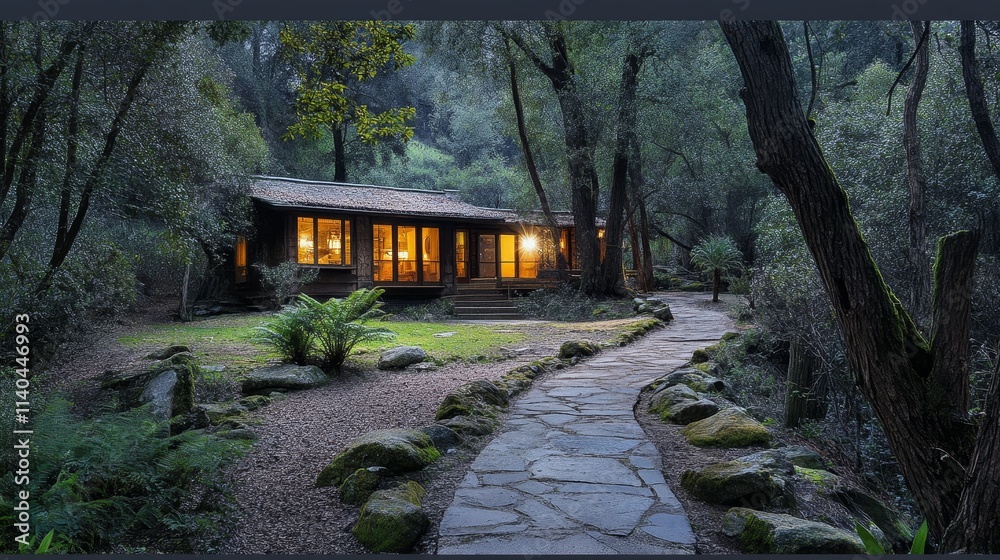 Fototapeta premium A cozy cabin nestled in a forest, illuminated warmly amidst lush greenery.