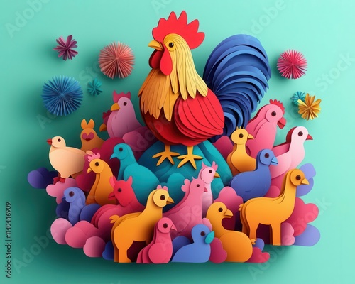 Papercut rooster perched atop a mountain of zodiac animals, illuminated by Lunar New Year fireworks
