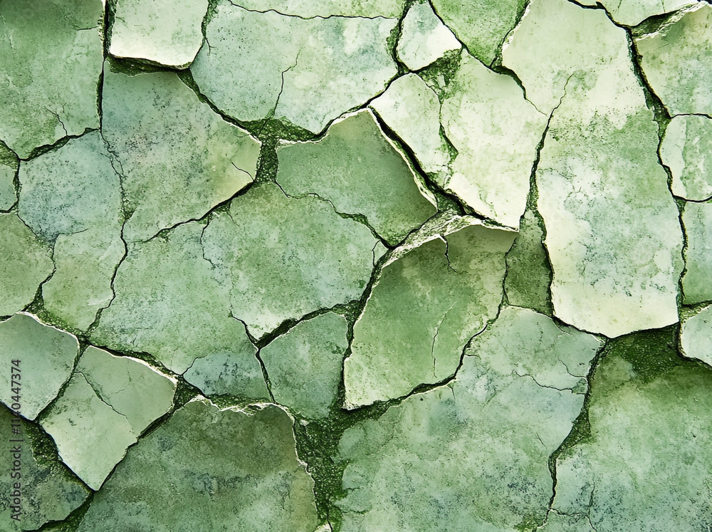 Cracked green surface reveals texture and patterns in natural decay of materials