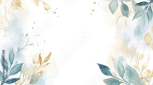 Watercolor Painting of Blue and Gold Leaves with White Background