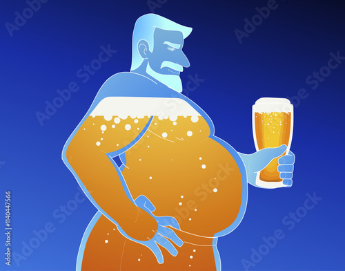 Big man drinks beer. Alcohol belly. The harm of alcohol.  Social illustration. Healthcare illustration. Vector illustration.