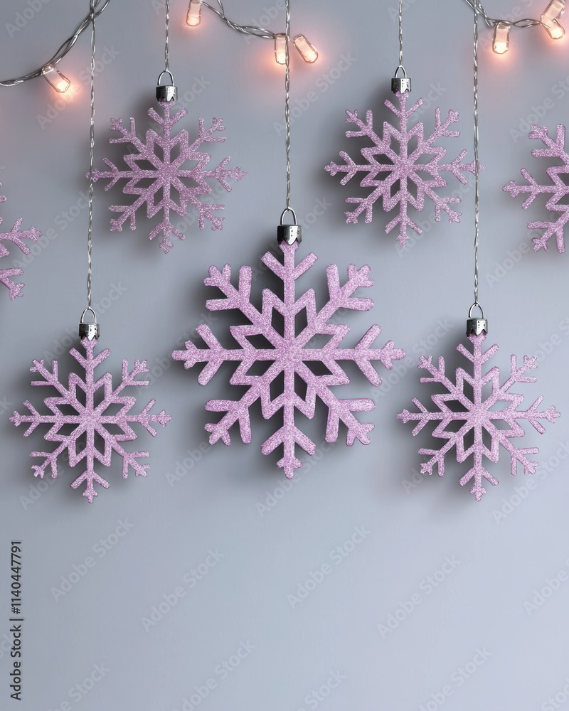 Purple and Silver Snowflakes and lights with a modern look, Decorative pink snowflakes hang elegantly against a soft background, perfect for winter-themed celebrations and cozy atmospheres. Purple and Silver Snowflakes and lights with a modern look, Decorative pink snowflakes hang elegantly against a soft background, perfect for winter-themed celebrations and cozy atmospheres.